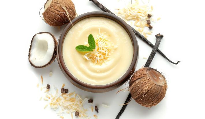 Fotografia vista de cima de um recipiente fundo marrom em tom escuro, dentro tem um creme de gemas e leite de coco, com Leite MOÇA. Por cima tem coco ralado e dua sfolhas de hortelã. Ao redor tem duas favas de baunilha e cocos, sobre uma mesa branca