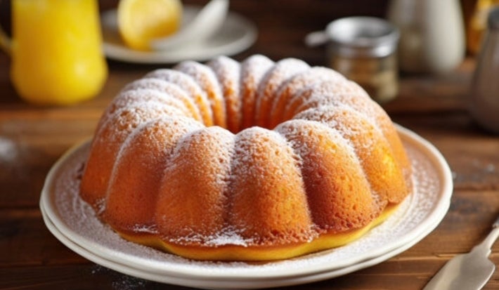 Fotografia de um bolo bundt elegantemente disposto em um prato branco, com uma leve camada de açúcar de confeiteiro. O fundo apresenta um jarro amarelo e um limão, sugerindo um ambiente acolhedor e caseiro.