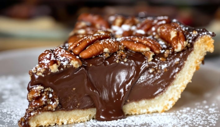 Fotografia em tons claros de uma fatia generosa de torta de chocolate com nozes sobre um prato grande e raso. Por cima tem açúcar de confeiteiro polvilhado sobre a torta e o prato.