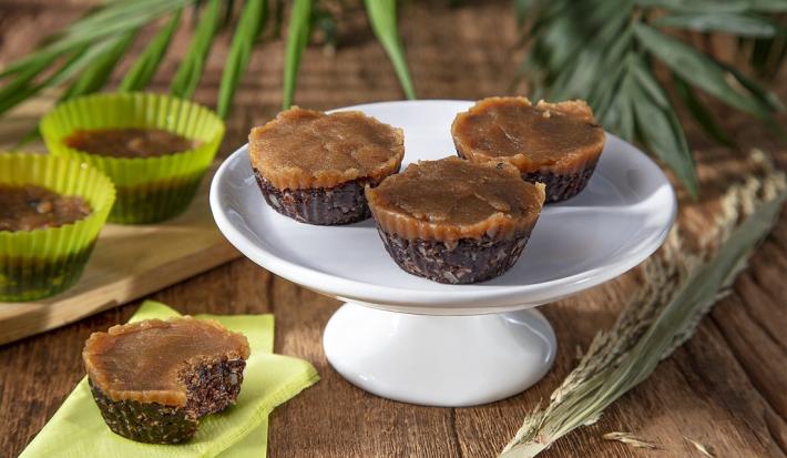 Fotografia em tons de marrom, em uma bancada de madeira de cor marrom. Ao centro, um recipiente branco contendo os bliss bites. Ao fundo, 2 forminhas de cupcakes contendo os bliss bites com algumas plantas.