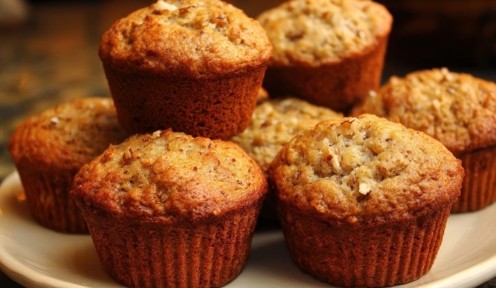 Nesta imagem, há uma pilha de muffins de banana com pedaços visíveis de nozes, colocados em um prato branco. A iluminação quente destaca a textura dourada dos bolinhos, que parecem úmidos e bem macios.