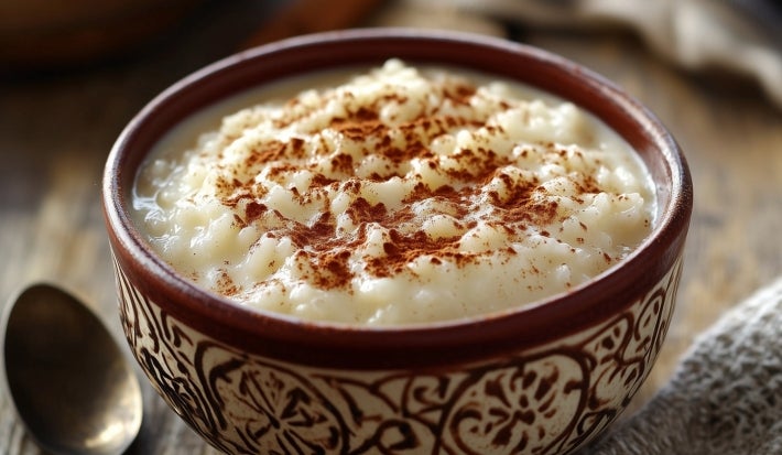 Em cima de uma mesa, tigela marrom com arroz doce cremoso, com uma textura suave e aveludada, decorado com canela em pó.
