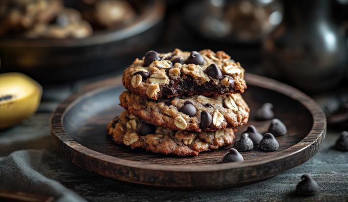 Fotografia de três unidades de cookies de banana com aveia e chocolate dentro de um recipiente raso, junto com gotas de chocolate, de cor marrom escuro. Ao lado do recipiente tem duas bananas inteiras.
