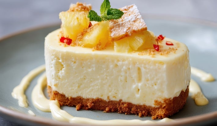 Fotografia de uma mini torta de abacaxi cortada na metade sobre um prato de tom azul com um creme branco decorando.