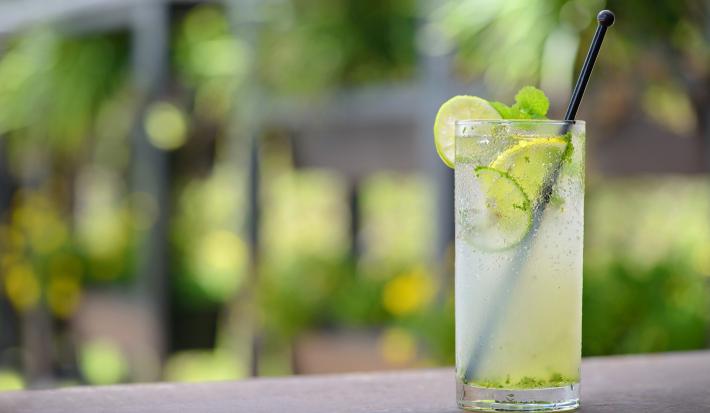 Foto da receita de Amazonia Fizz, servida em um copo de vidro alto, com um canudo preto e decorado com limões.