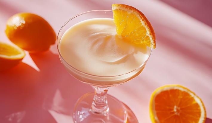 Fotografia de uma taça pequena com uma mousse de laranja e chocolate branco.  Na borda da taça tem um pedaço de laranja, a taça está sobre uma mesa branca com sombras de outras laranjas que estão na mesa.