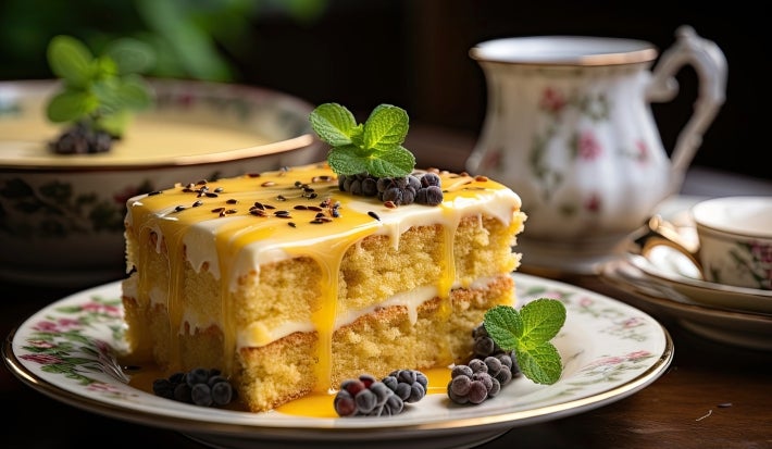Fotografia de uma fatia de bolo de maracujá em um prato branco. O bolo, de duas camadas, possui um recheio cremoso e é coberto com um vibrante molho de maracujá, com sementes visíveis, destacando-se em um fundo suavemente desfocado.