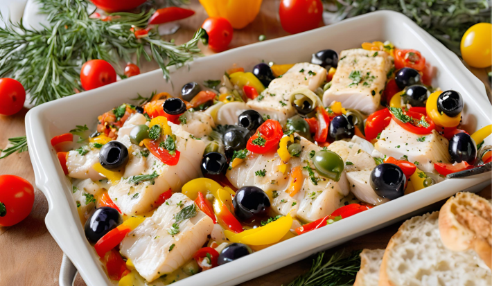 Receita de Aperitivo Natalino de Bacalhau, feito com bacalhau em pedaços, pimentões, azeitonas, servido em uma mesa de natal toda decorada