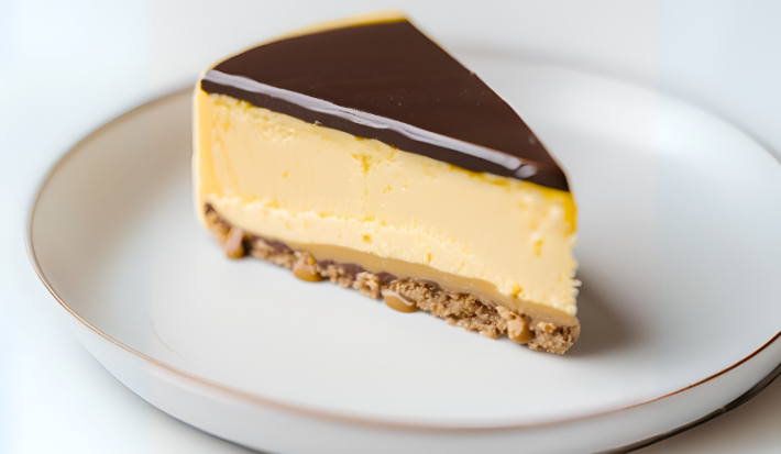 Fotografia em tons de branco e amarelo com um prato branco ao centro. Em cima do prato existe uma receita de torta mousse de maracujá com chocolate