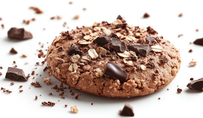 Fotografia de um cookie tradicional integral com castanha, aveia e pedaços de chocolate por cima e espalhado ao redor. O cookie está sobre uma mesa branca.