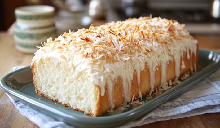 Fotografia de um bolo loaf fofinho e recém-assado coberto com cobertura branca cremosa e flocos de coco tostados. O bolo está em um prato cerâmico verde, com um ambiente acolhedor ao fundo.
