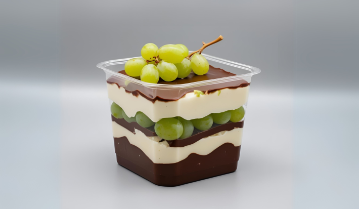 Imagem de um doce feito de camadas de creme branco e chocolate ao leite dentro de um pote pequeno, transparente e quadrado. No meio das camadas, há uma camada de uvas verdes e mais um pequeno cacho de uvas enfeitando o topo.