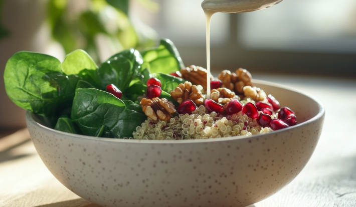 sobre uma mesa de madeira está um bowl em tons de bege com uma grande porção de quinoa cozida, folhas de espinafre, nozes e sementes de romã. Uma colher derrama um molho claro sobre o prato.