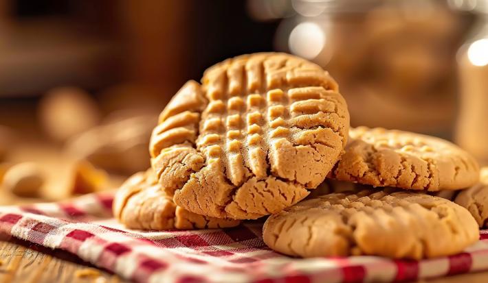 Fotografia de vários cookies de pasta de amendoim juntos sobre um pano vermelho e branco quadriculado. Ao fundo tem alguns amendoins sobre uma mesa de madeira.