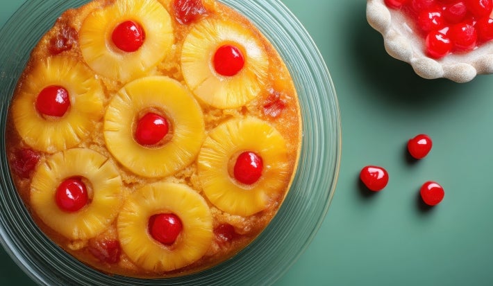Fotografia vista de cima de uma torta inteira com rodelas de abacaxi caramelizados, a torta está sobre um apoio de vidro e apoiado em uma mesa de tom verde azulado.