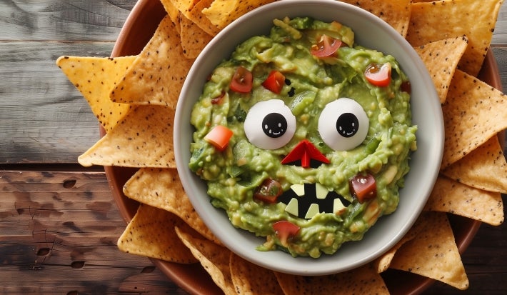Fotografia mostra Guacamole cremoso em formato de monstro verde e nachos crocantes formando espinhos ao redor.