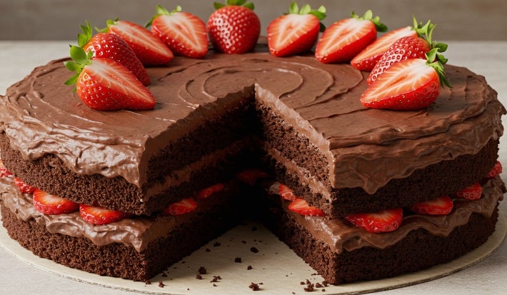 Sobre uma mesa, prato com bolo de chocolate sem uma fatia. A massa é de chocolate, recheada com chocolates e morangos picados, coberta com chocolate e decorada com morangos cortados ao meio.