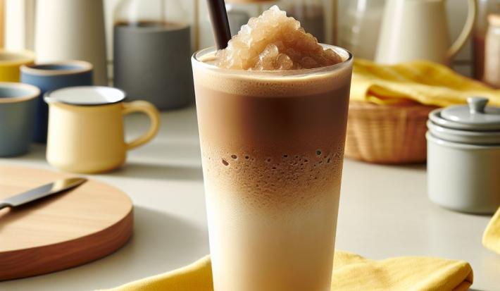 Fotografia em tons de amarelo com um copo de vidro ao centro. Dentro do copo existe uma receita de raspadinha de café com leite com pedrinhas de gelo em cima.