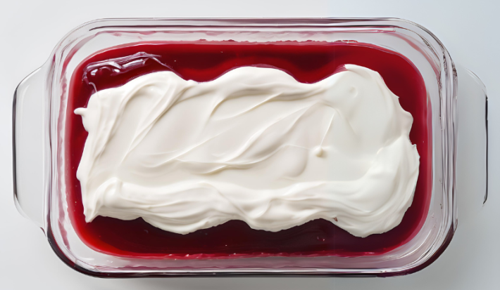 Fotografia vista de cima de um pavê de chocolate branco com frutas vermelhas dentro de um recipiente refratário de vidro retangular sobre uma mesa cinza. Por cim do paVê de calda de frutas vermelhas e o creme branco.