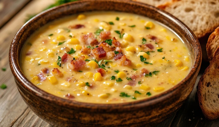 Fotografia mostra uma quirera amarelada servida em um prato rústico, possível ver pedaços de bacon em cima.