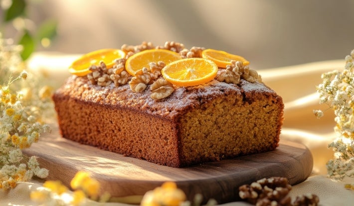 Fotografia de um bolo de laranja com nozes, apresentado em uma tábua de madeira. O bolo possui uma crosta dourada e é polvilhado com açúcar de confeiteiro, decorado com fatias de laranja e nozes.
