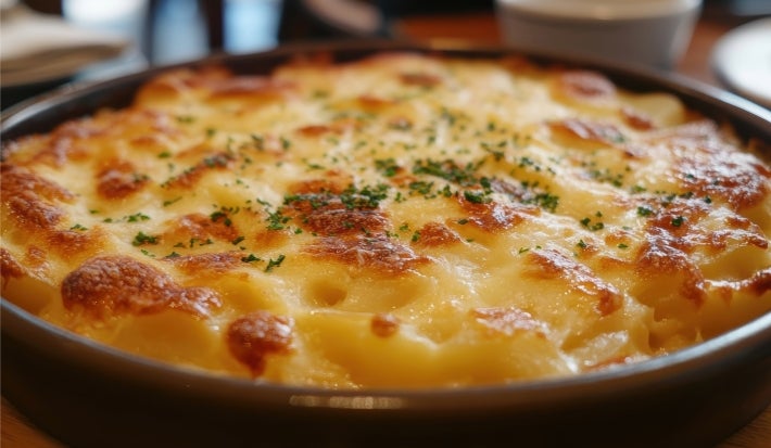 Em cima de uma mesa, refratário redondo com batata e queijo gratinado crocante, decorado com cheiro-verde picado.