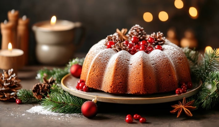Fotografia de um bolo de Natal decorado, apresentado em um prato elegante. O bolo é polvilhado com açúcar de confeiteiro e adornado com pinhas e bagas vermelhas, cercado por ramos de pinheiro.