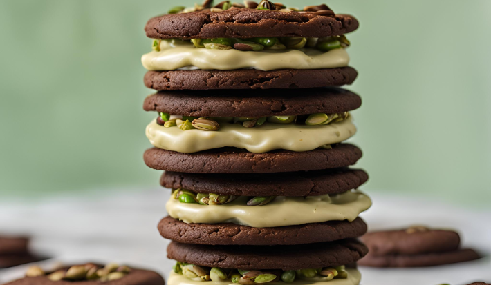 Fotografia mostra uma pilha de cookies de chocolates recheados com um creme esverdeado e pistache.