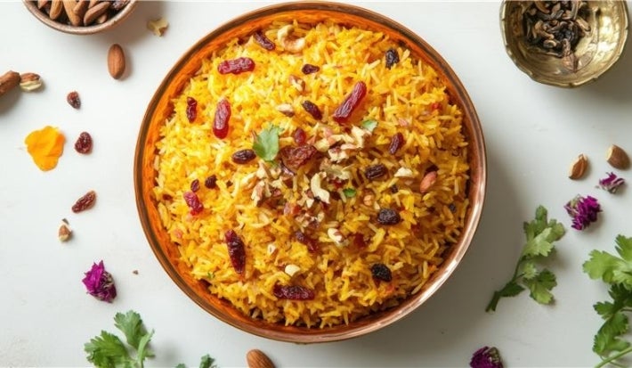 Em cima de uma mesa, tigela com porção de arroz dourado soltinho com uvas-passas pretas e nozes picadas.