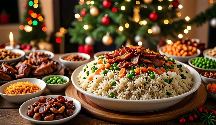 Em cima de uma mesa, porção de arroz com bacon, cenoura e ervilhas.