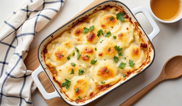 Em cima de uma mesa, refratário com batatas com queijo gratinado, decorado com cheiro-verde picado.