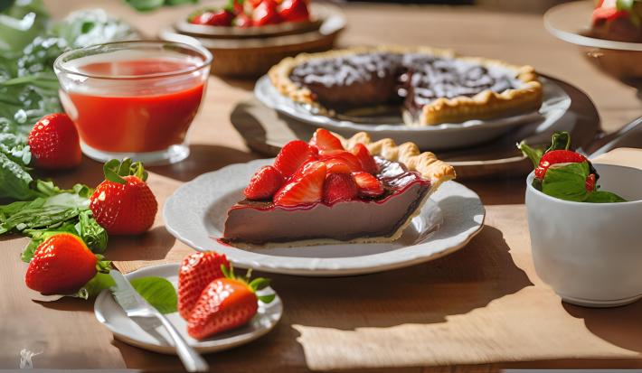 Fotografia de uma fatia de torta de chocolate com calda de morango por cima. a torta está em um prato de vidro branco pequeno, o qual está sobre uma mesa de madeira. Ao redor da torta tem um pote pequeno de vidro com calda de morango e morangos.