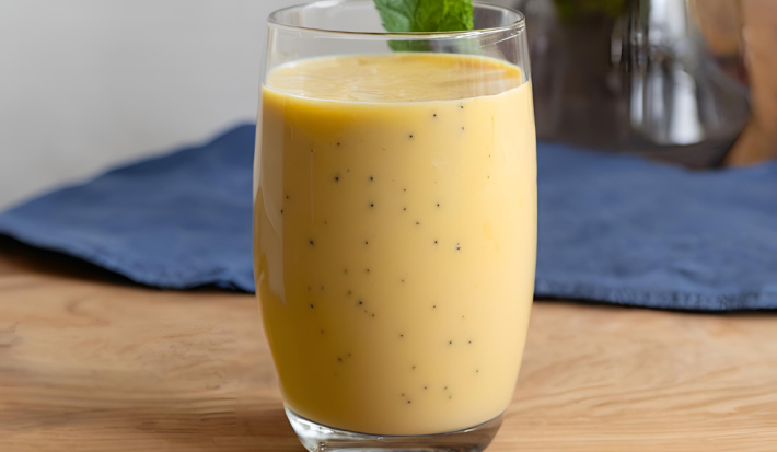 Fotografia de um copo de vidro grande com vitamina de maracujá. No fundo tem um pano azul escuro, que está sobre uma mesa de madeira.