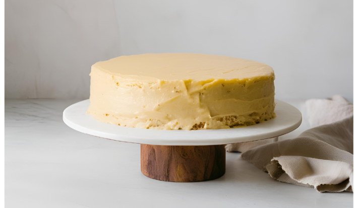 Fotografia de um bolo de maracujá com mousse de maracujá espalhado por todo o bolo, que está em um prato branco, sobre um apoio de madeira.