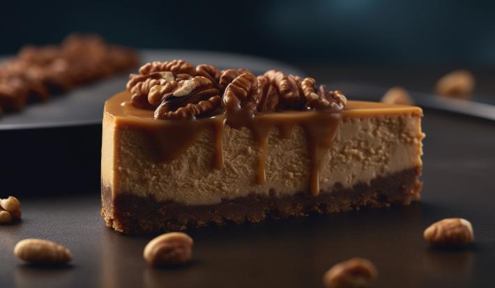 Fotografia mostra uma fatia de cheesecake com camadas de base biscoito, recheio de chocolate e cobertura de caramelo salgado brilhante, decorada com castanhas caramelizadas.
