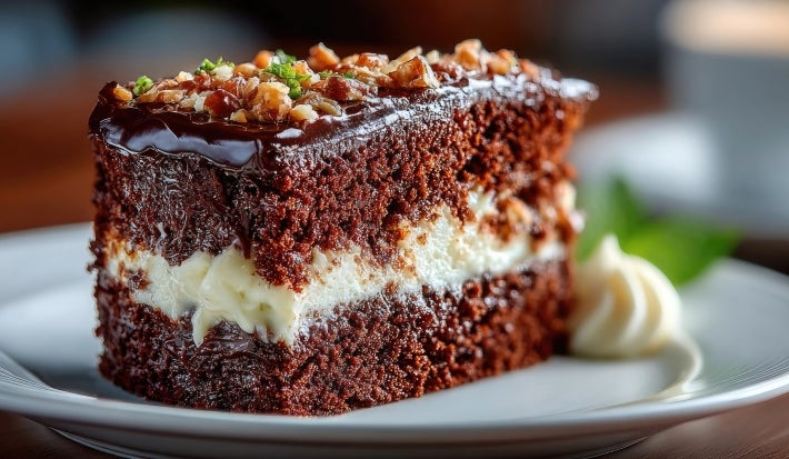 Fatia de bolo de chocolate em um prato branco. Com duas camadas de bolo úmido e um recheio cremoso, é coberto com ganache de chocolate e decorado com nozes picadas e folhas de hortelã.