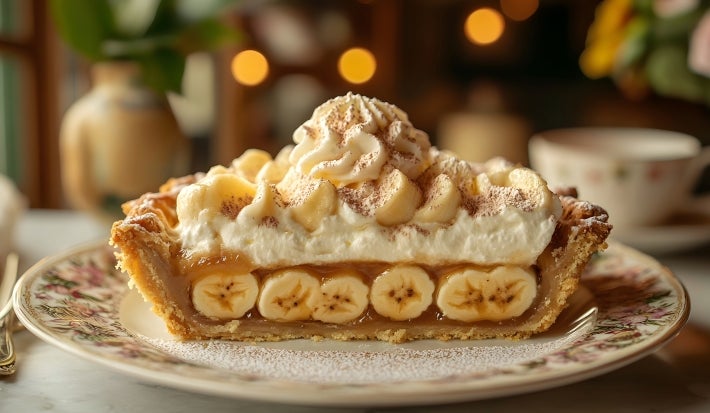 Em cima de uma mesa, prato com metade de uma banoffee com massa de biscoitos crocante, doce de leite, bananas em rodelas, decorado com chantilly cremoso, banana em rodelas e cacau em pó.
