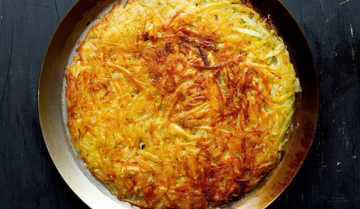 Fotografia em tons de marrom com um prato marrom ao centro. Em cima do prato existe uma receita de batata rosti com batatas raladas e queijo meia cura.