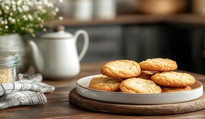 Em cima de uma mesa, prato cinza com biscoitos redondos crocantes.