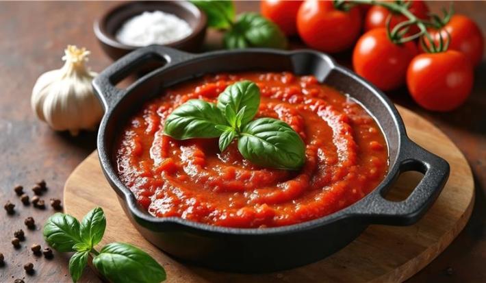 Fotografia de uma mini panela de ferro com uma receita de passata de tomate com folhas de manjericão por cima. A panelinha está sobre uma tábua pequena de madeira sobre uma mesa marrom, ao redor da tábua tem mini tomates, alho inteiro, sal e pimenta.
