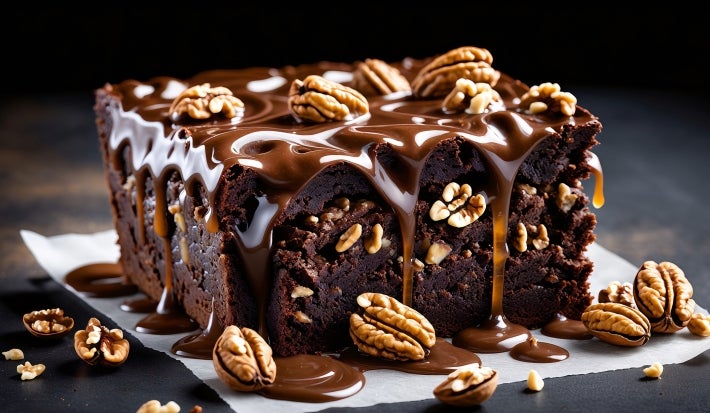 Fotografia de um bolo de chocolate com nozes, exibido em um fundo escuro. O bolo é coberto com chocolate derretido, com nozes inteiras e partidas decorando sua superfície.