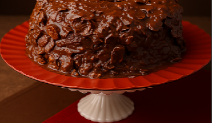 Imagem de um bolo de chocolate escuro sobre um prato vermelho, sobre um pedestal branco, apoiado em uma mesa de madeira com panos marrom e vermelho. O bolo apresneta uma textura crocante, coberto por chocolate. Imagem de um bolo de chocolate escuro sobre um prato vermelho, sobre um pedestal branco, apoiado em uma mesa de madeira com panos marrom e vermelho. O bolo apresneta uma textura crocante, coberto por chocolate.