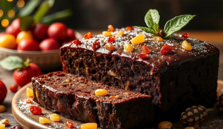 Bolo de frutas escuro e texturizado, coberto com um brilho úmido e decorado com frutas cristalizadas coloridas. Uma fatia foi cortada, revelando um interior denso e rico. O bolo é emoldurado por frutas frescas e um ambiente acolhedor.