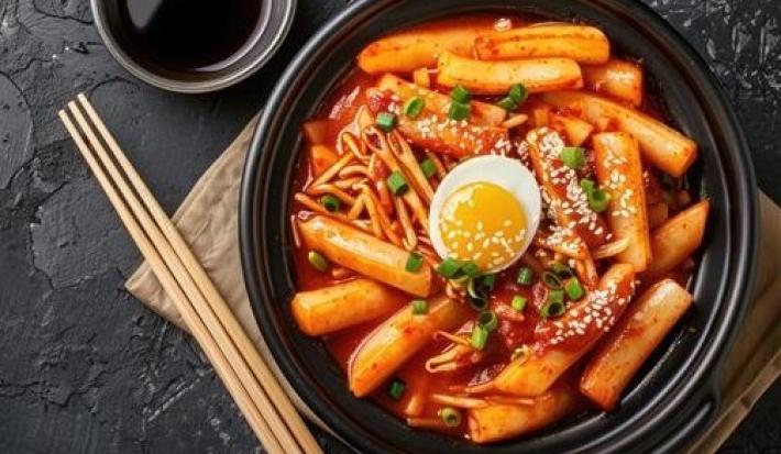 Fotografia vista de cima de um recipiente fundo preto com uma receita de Tteokbokki com cebolinha e metade de um ovo cozido por cima. Ao lado tem três hashis de madeira sobre um paninho de tom bege, apoiado em uma mesa preta com texturas.
