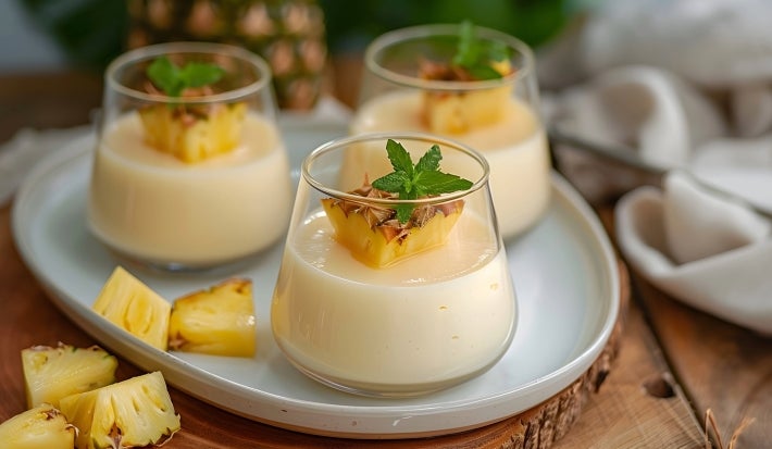 Fotografia de três copos de sobremesa com um creme claro, decorados com pedaços de abacaxi e hortelã. Os copos estão dispostos em um prato oval branco, com pedaços de abacaxi ao redor, em um ambiente acolhedor.