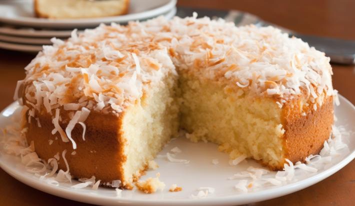 Fotografia de um bolo de coco com cobertura de coco e coco ralado apoiado em um prato branco raso. O bolo está com uma fatia grande cortada, e o prato está sobe uma mesa de madeira.