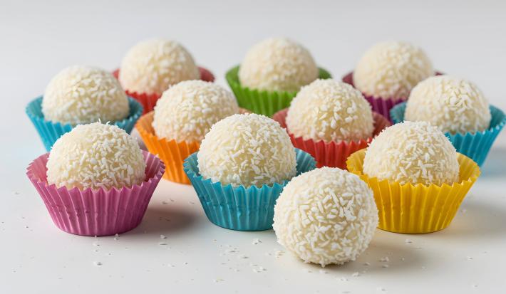 Imagem de diversos beijinhos enrolados no coco ralado sobre forminhas coloridas.