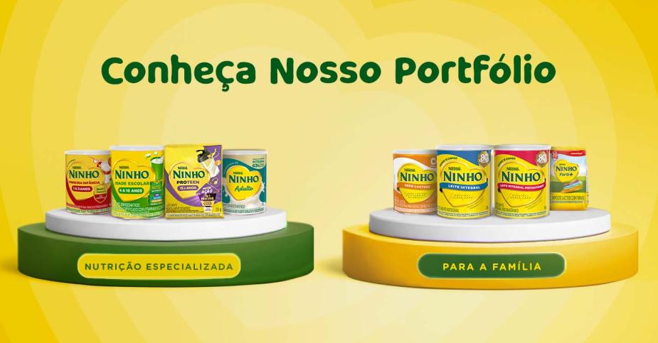 Imagem de fundo amarelo com 2 pódios. Um de Nutrição Especializada com Ninho Primeira Infância, Idade Escolar, Proteen e Adul