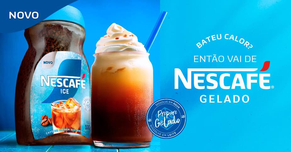 Embalagem de Nescafé® Gelado ao lado de uma bebida. Copy: Bateu Calor. Vai de Nescafé Gelado.