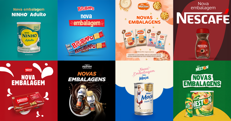 Produtos Nestlé Imagem com produtos Nestlé em destaque com o texto “Nova Embalagem”: Ninho Adulto, Passatempo, Moça e Chocolate Nestlé.
